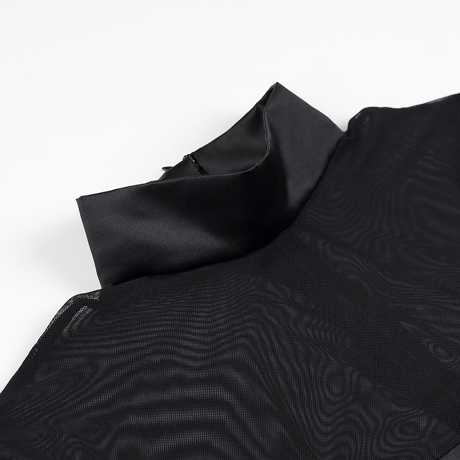 Damen elegantes Auftakt-Kleid mit transparenten Ärmeln und hohem Kragen R&B