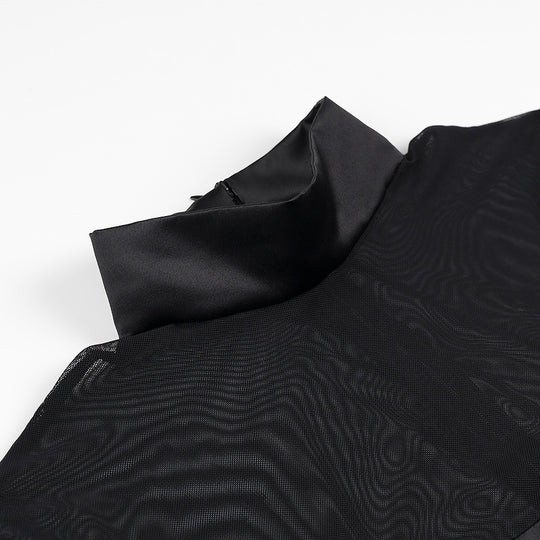 Damen elegantes Auftakt-Kleid mit transparenten Ärmeln und hohem Kragen R&B