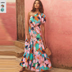 Damen Maxikleid mit asymmetrischem Schnitt und lR&Bhaftem Blattmuster R&B