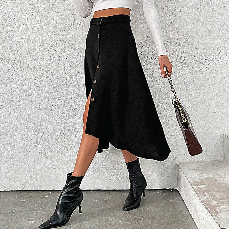 Damen Midi-Rock mit dekorativen Knopfdetails und Bindegürtel R&B