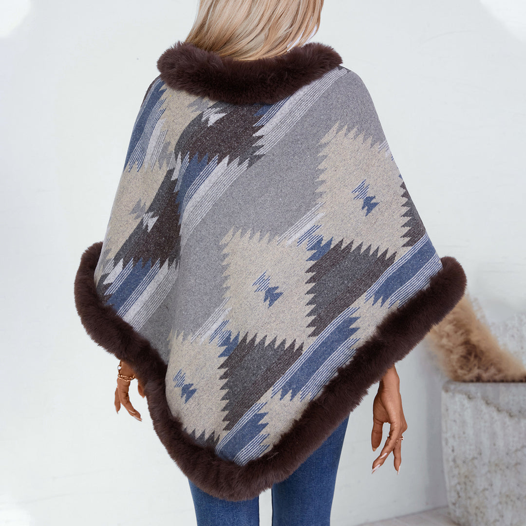 Damen Kuschelpullover mit hochwertigem Kunstfellbesatz und geometrischem Muster R&B