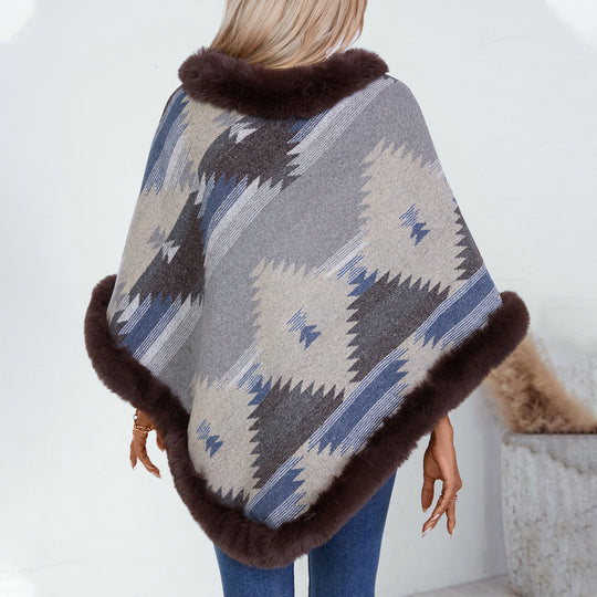 Damen Kuschelpullover mit hochwertigem Kunstfellbesatz und geometrischem Muster R&B
