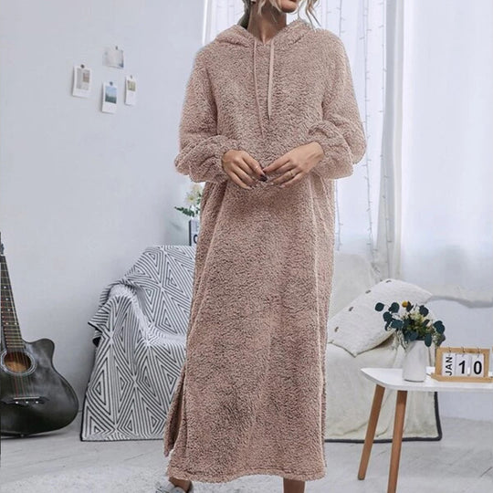 Damen Flauschiger Fleece-Hoodie-Kleid mit Ohren und seitlichen Schlitzen R&B
