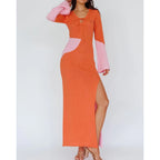 Damen elegantes Strick-Maxikleid mit innovativem Cut-Out-Design und weitem Schlitz R&B