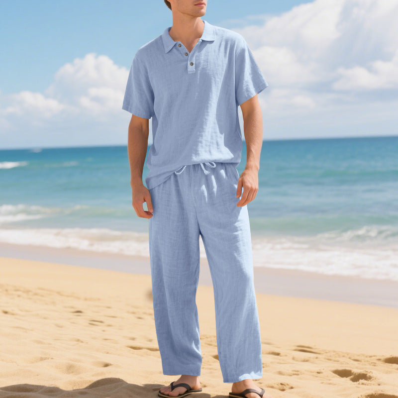 Herren nan luftiges Leinen-Ensemble mit Polokragen und regulierbarer Bundhose R&B