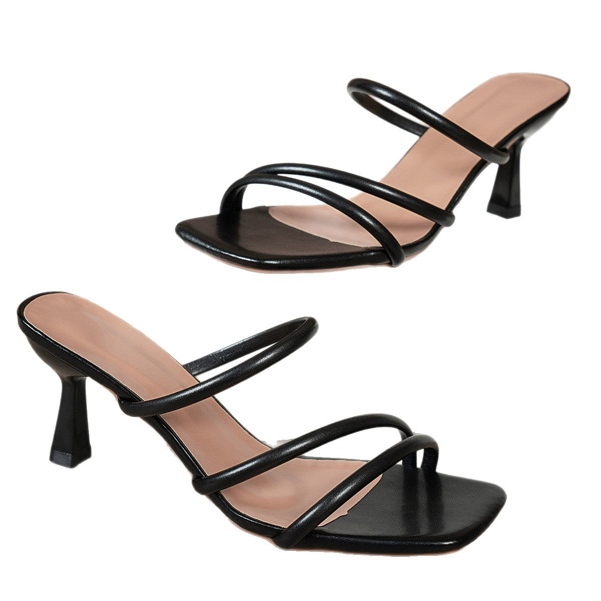 Damen nan minimalistische Sandalette mit drei schmalen Riemen, quadratischer Zehenform und femininem Trichterabsatz R&B