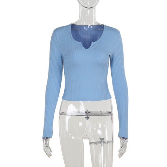 Damen figurbetontes Langarmshirt mit V-Ausschnitt und Rippstruktur R&B