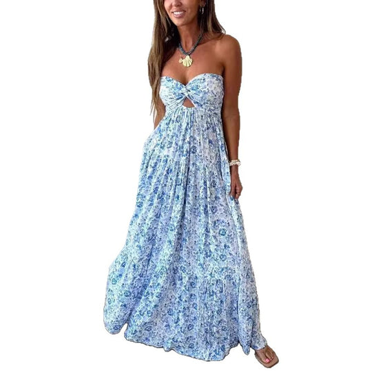 Damen nan trägerloses gedrehtes Bustier-Maxikleid mit Cut-out und mehrlagigem Stufenrock in leichter Crinkle-Qualität R&B