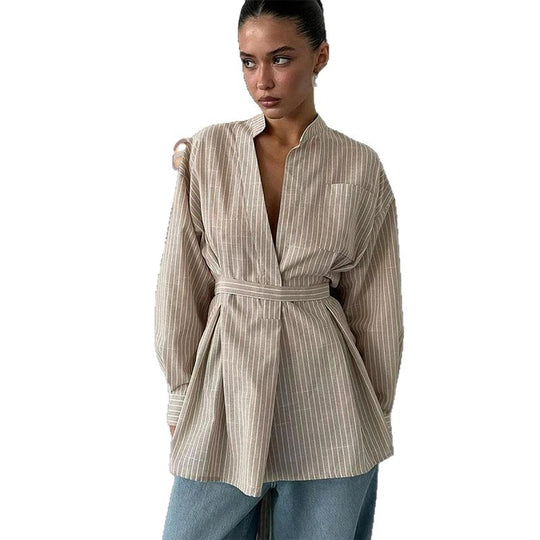 Damen elegante Bluse mit tailliertem Schnitt und Gürtel R&B