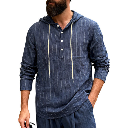 Herren nan Kapuzenshirt aus Leinenmix mit halber Knopfleiste und Nadelstreifen R&B