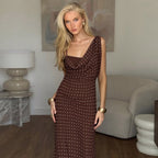 Damen Maxikleid mit asymmetrischem Ausschnitt und eingewR&Btem Punktedesign R&B
