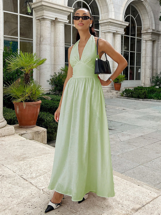 Damen Elegantes Maxikleid mit Halterneck-Design und fließendem Rock R&B