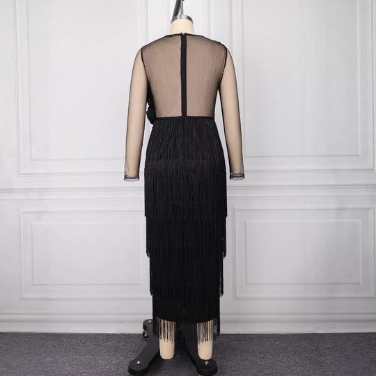 Damen figurbetontes Kleid mit voluminösen Rüschen und Fransen R&B