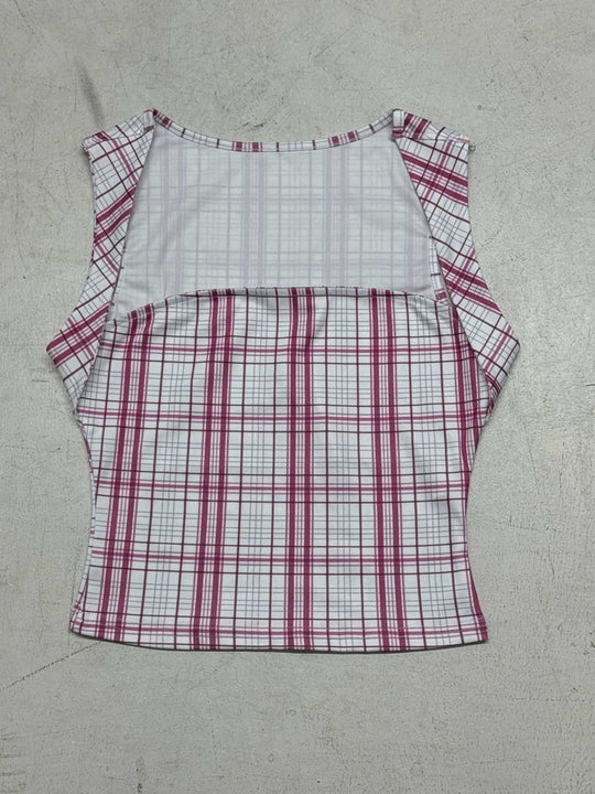 Damen figurbetontes Karo-Top mit elegantem Schnitt und transparenten Einsätzen R&B