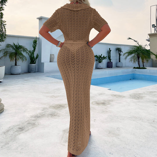 Damen Häkel-Midi-Kleid mit festem Bund und luxuriösem Schnitt R&B