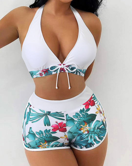 Damen Sportliches Crop-Top Bikini-Set mit floralem Druck R&B