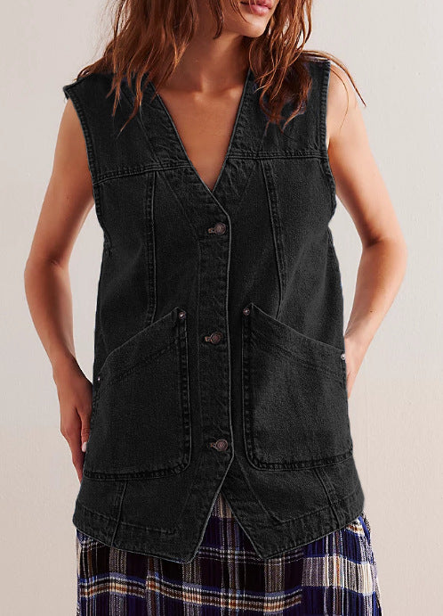 Damen Denim-Latzjacke mit praktischen Taschen und modischem V-Ausschnitt R&B