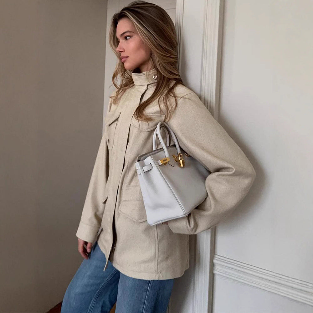 Damen lässige Utility-Jacke mit hohem Kragen und praktischen Taschen R&B