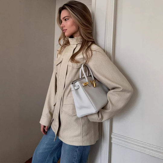 Damen lässige Utility-Jacke mit hohem Kragen und praktischen Taschen R&B