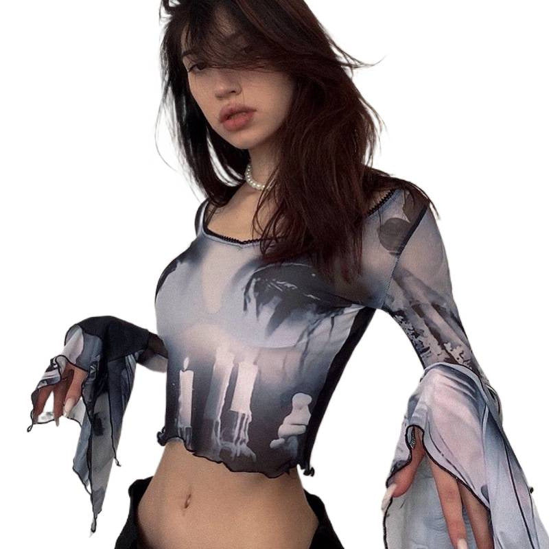 Damen Langarm Crop-Top mit kreative Grafik-Printdetails und ausgestellten Ärmeln R&B