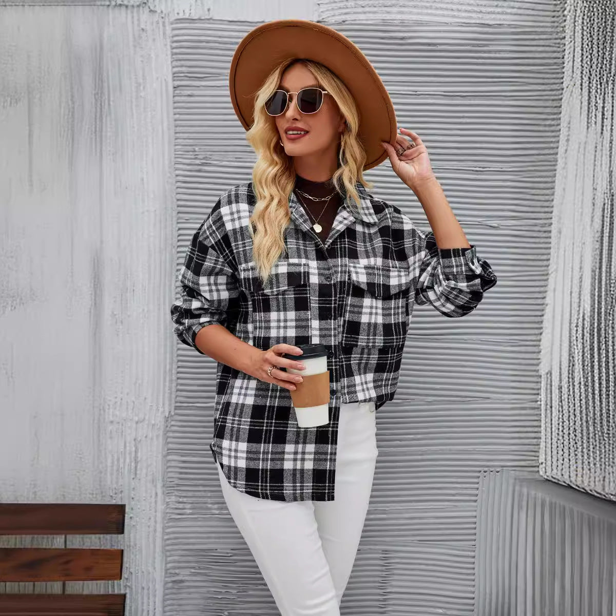 Damen Flanellhemdjacke im lässigen Karo-Design mit Brusttaschen R&B