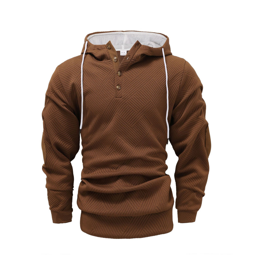 Herren nan strukturierter Kapuzenpullover im Henley-Stil mit Kontrastbesatz und Ellenbogenaufnähern R&B