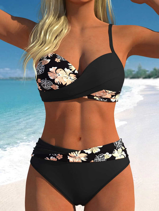 Damen Wickel-Bikini-Set mit floralem Design und hohem Bund R&B