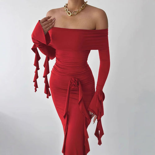 Damen Elegantes Off-Shoulder Maxikleid mit Rüschendetails und figurbetonter Silhouette R&B