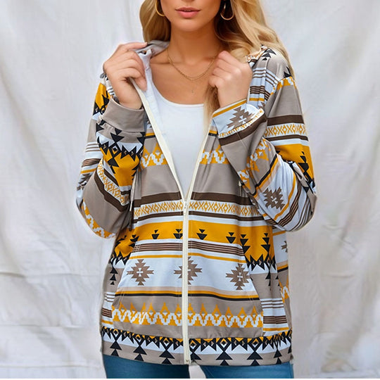Damen Kapuzenjacke mit tribal inspiriertem Muster und praktischen Taschen R&B
