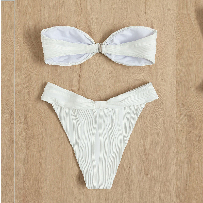 Damen Bandeau-Bikini mit modischer Raffung und hoch geschnittenem Slip R&B