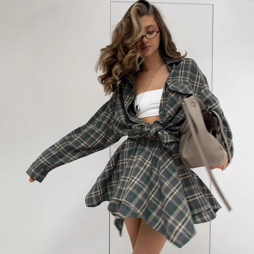 Damen lässiges Karo-Shirtkleid mit Hemdkragen und asymmetrischem Schnitt R&B
