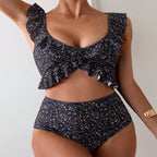Damen Hochgeschnittener Bikini mit floralem Rüschendesign R&B
