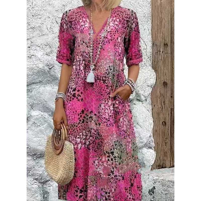 Damen Strandkleid im lässigen Stil mit Taschen und V-Ausschnitt R&B