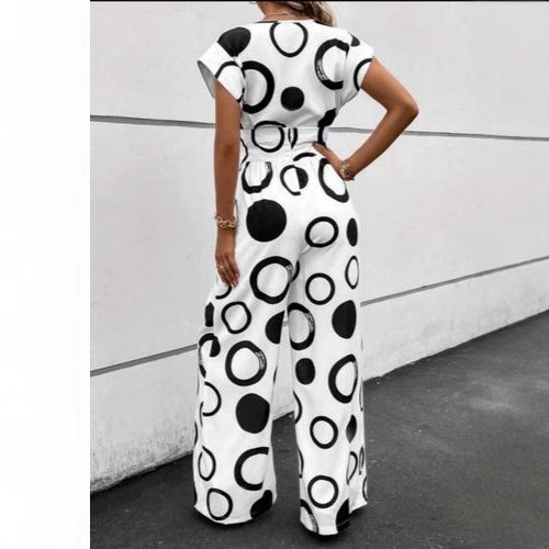 Damen Jumpsuit mit modernem Kreismuster und Taillengürtel R&B