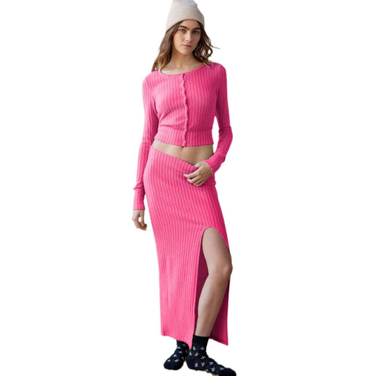 Damen Strickset mit Knopfleiste und hohem Schlitz R&B