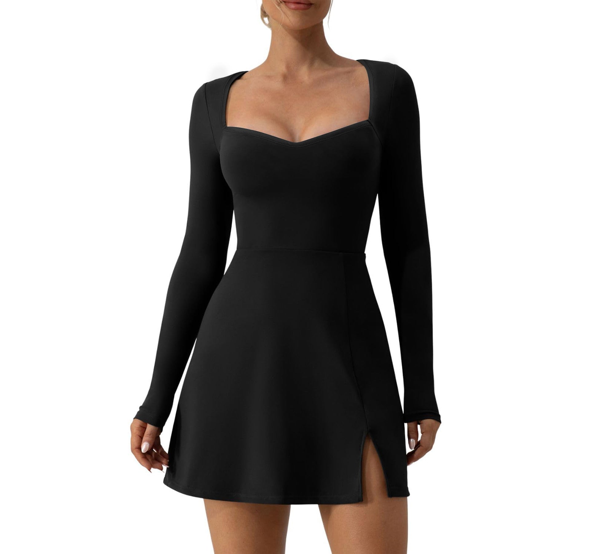 Damen elegantes Minikleid mit tiefem Herzausschnitt und langen Ärmeln