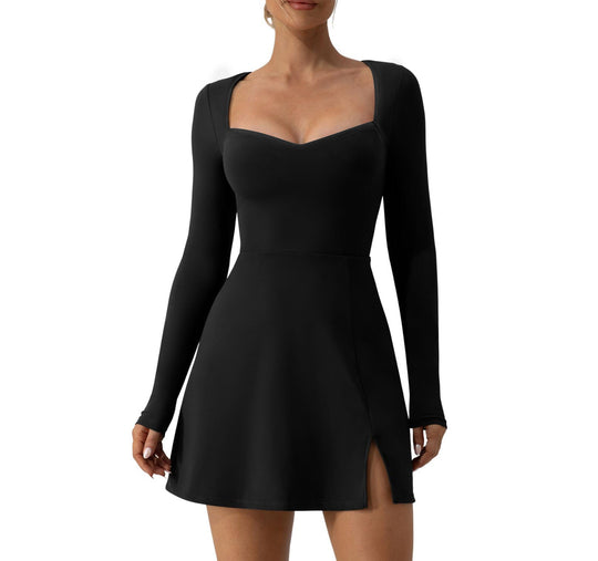 Damen elegantes Minikleid mit tiefem Herzausschnitt und langen Ärmeln R&B