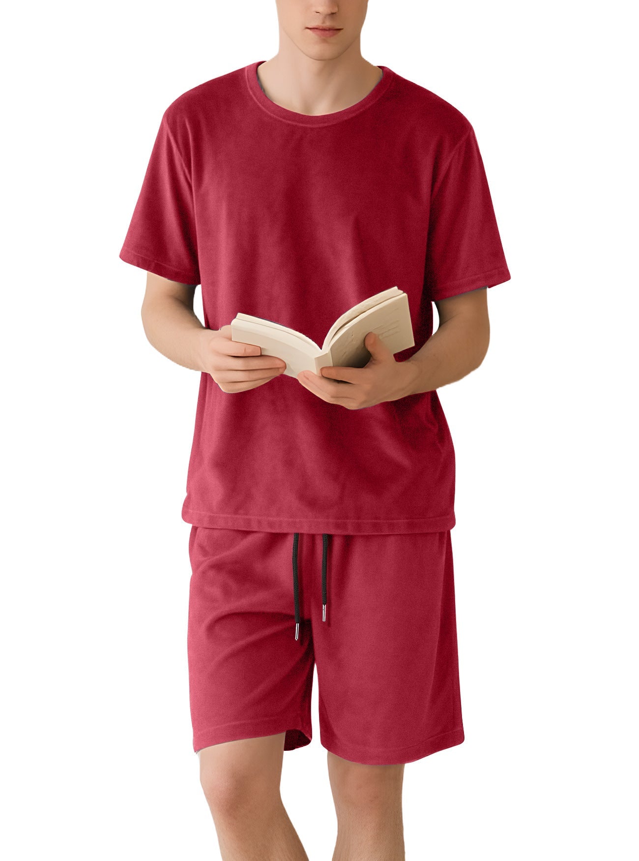 Herren nan Samtvelours Lounge-Set mit Rundhals-Kurzarmshirt und Kordelshorts R&B