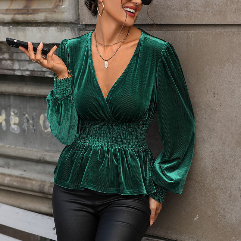 Damen elegantes Oberteil mit V-Ausschnitt und gerafftem Taillenbund R&B