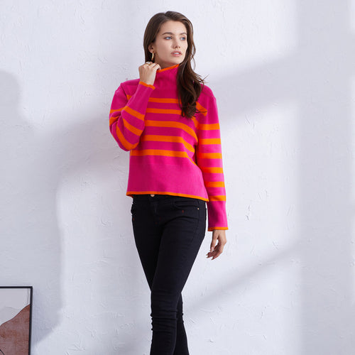 Damen hochwertiger gestreifter Pullover mit Stehkragen R&B