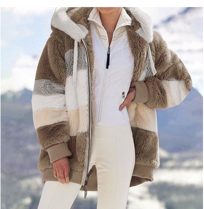 Damen Modische und warme Fleecejacke mit Kapuze und blockartigem Design R&B