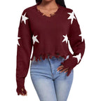 Damen modischer Sweatpullover mit Sternenmotiv und ausgefranstem Saum R&B