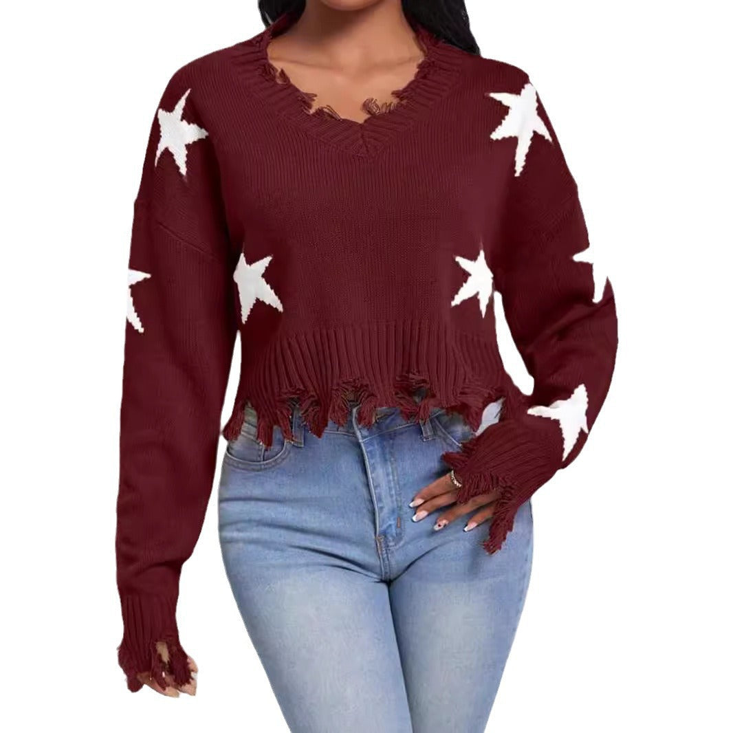 Damen modischer Sweatpullover mit Sternenmotiv und ausgefranstem Saum R&B
