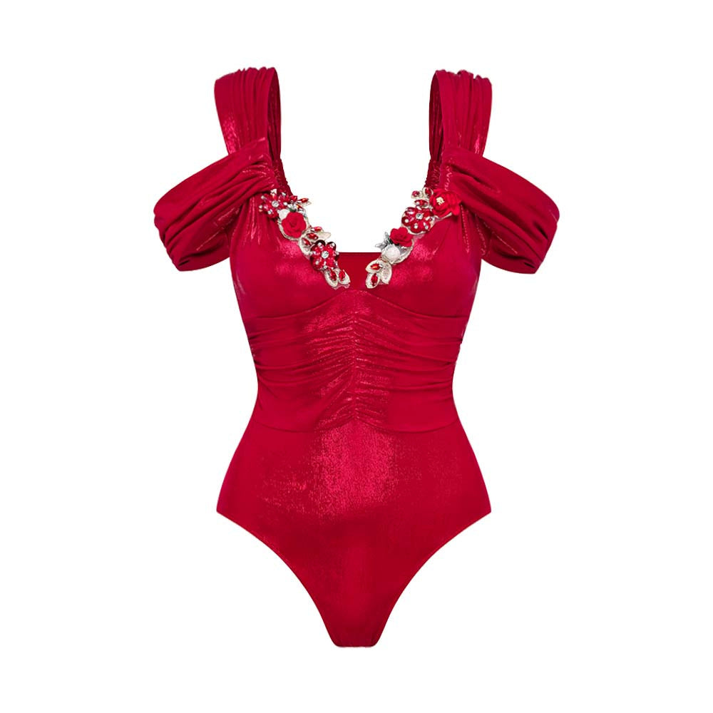 Damen Luxuriöser Schwimmanzug mit schulterfreien Rüschenträgern und passendem Maxirock R&B