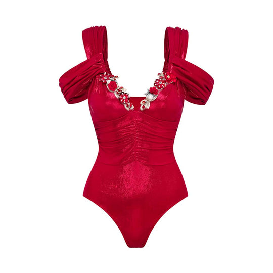 Damen Luxuriöser Schwimmanzug mit schulterfreien Rüschenträgern und passendem Maxirock R&B