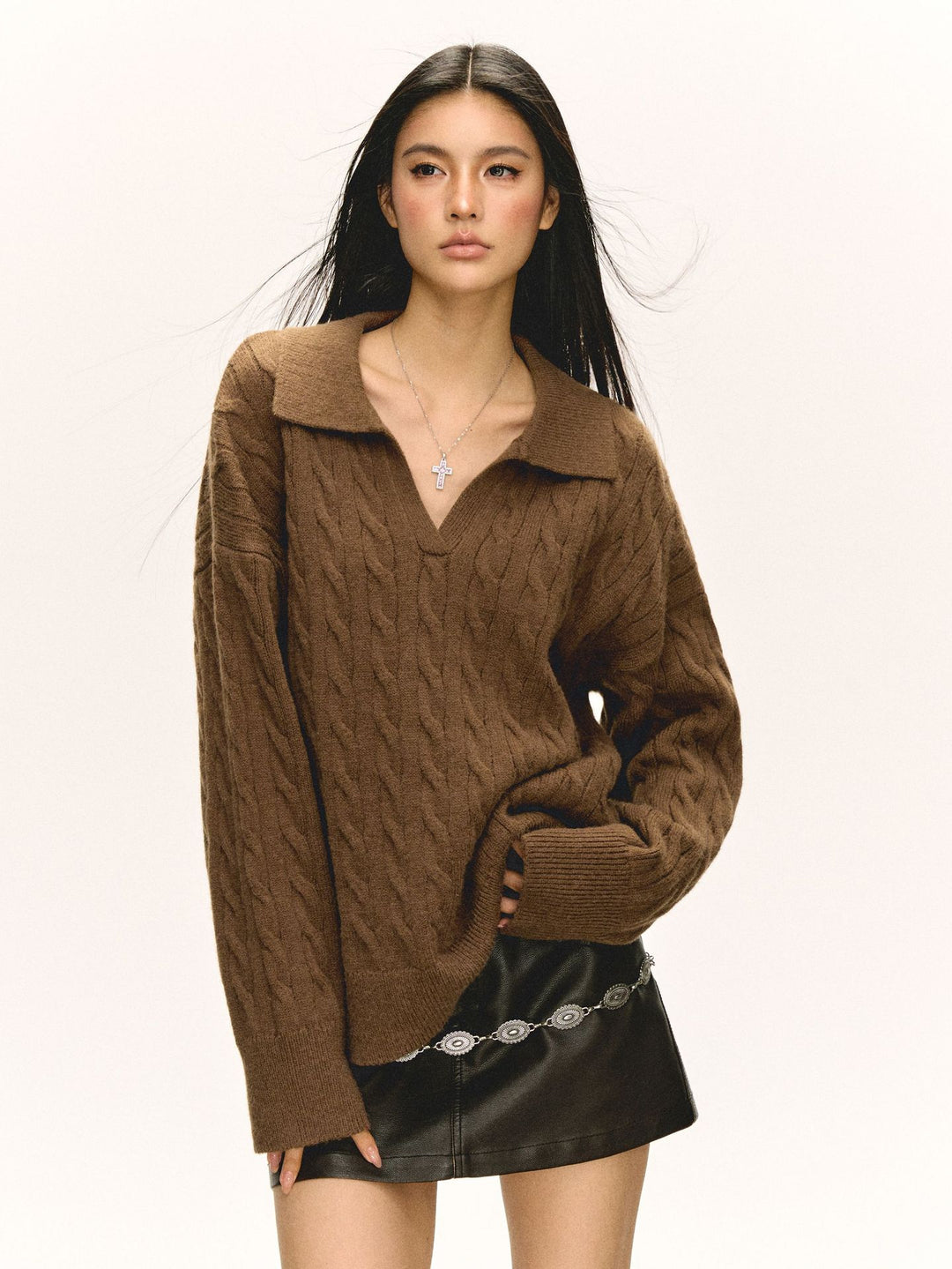 Damen Grob gestrickter Pullover mit V-Ausschnitt und Kragen R&B