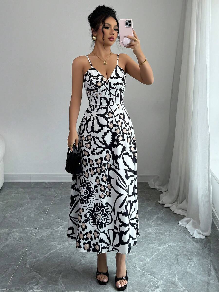 Damen Maxikleid mit elegantem grafischem Design und verstellbaren Trägern R&B
