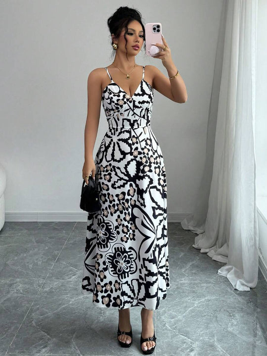 Damen Maxikleid mit elegantem grafischem Design und verstellbaren Trägern R&B