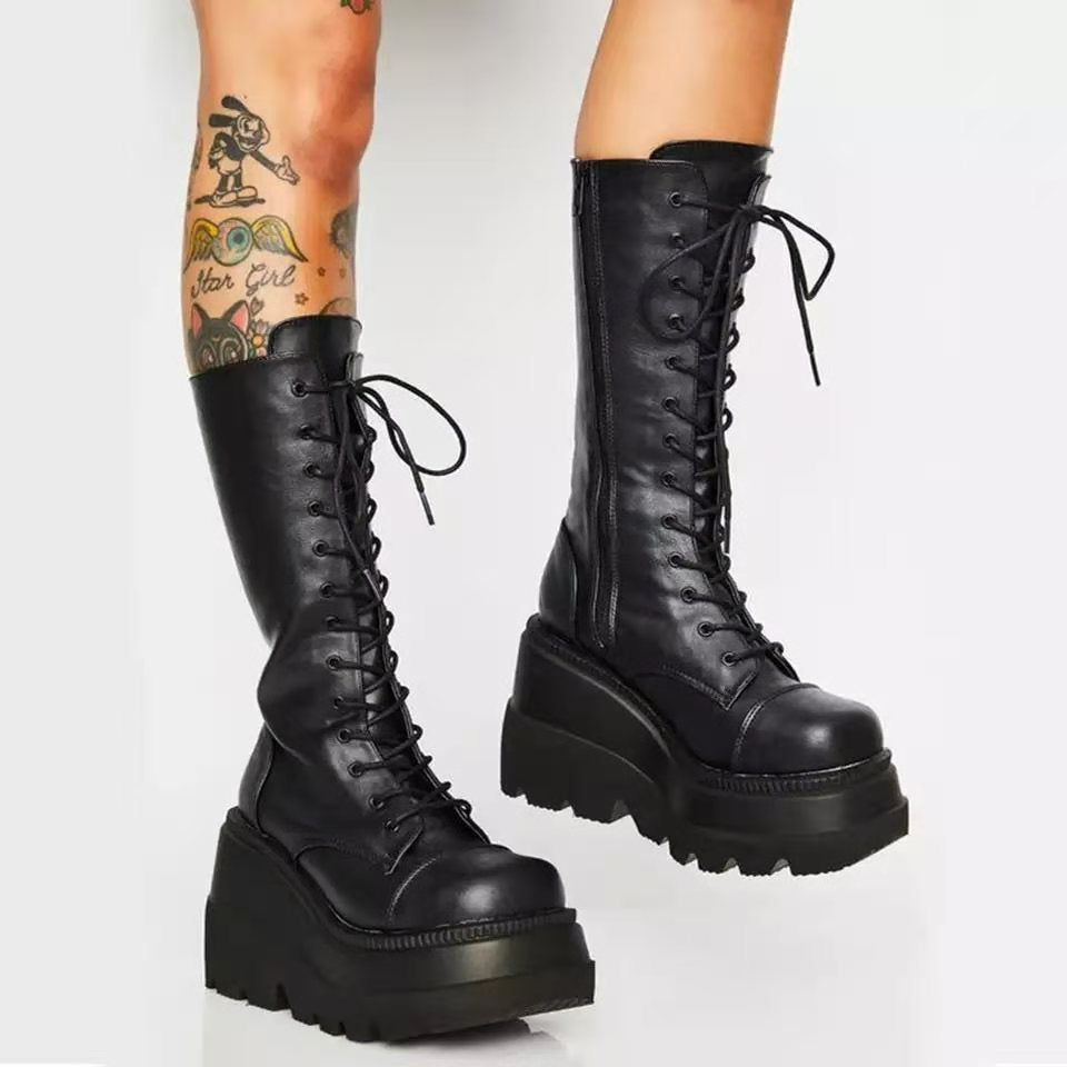 Damen Hochwertige Schnürstiefel mit Plateauabsatz und seitlichem Reißverschluss R&B