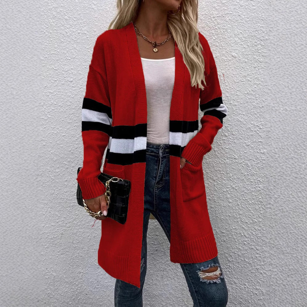 Damen Strickcardigan mit sportlichen Streifen und offenen Taschen R&B